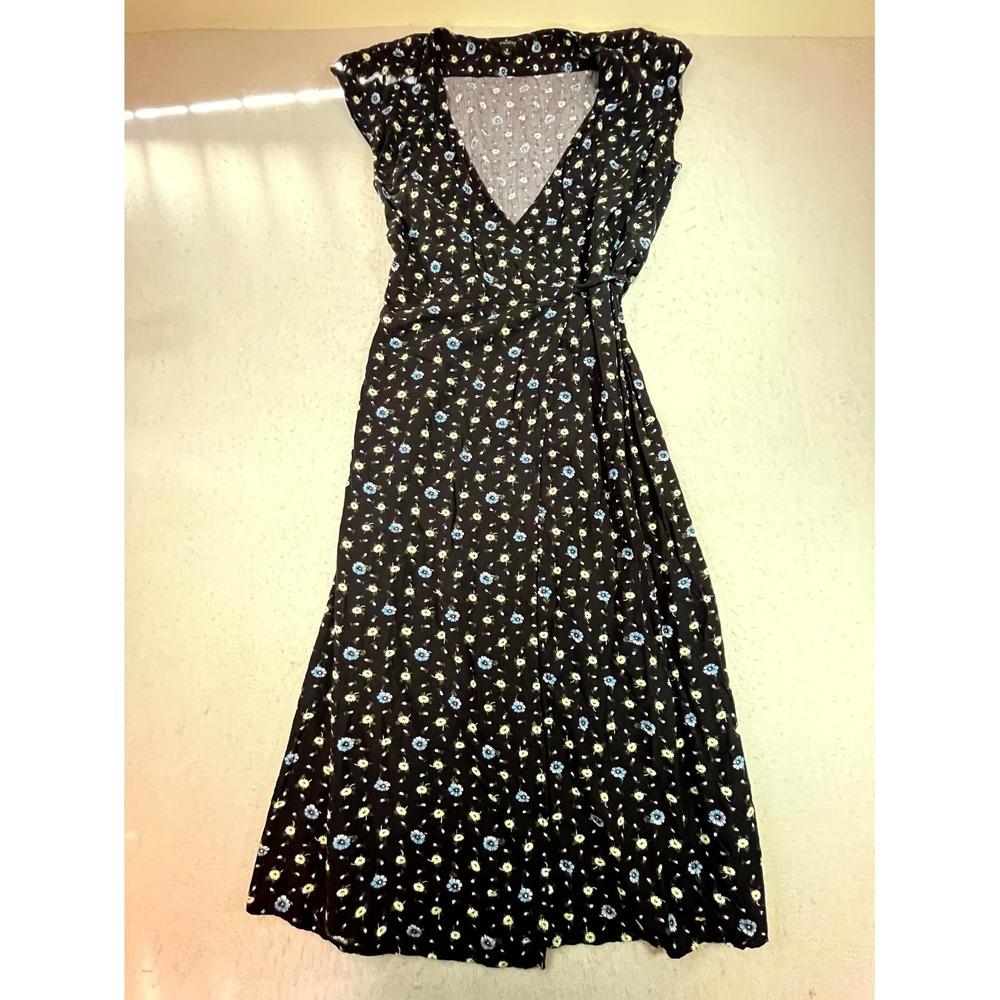 J. Crew Mercantile Wrap Maxi Dress Womens Small Black Blue Floral Surplice Neck